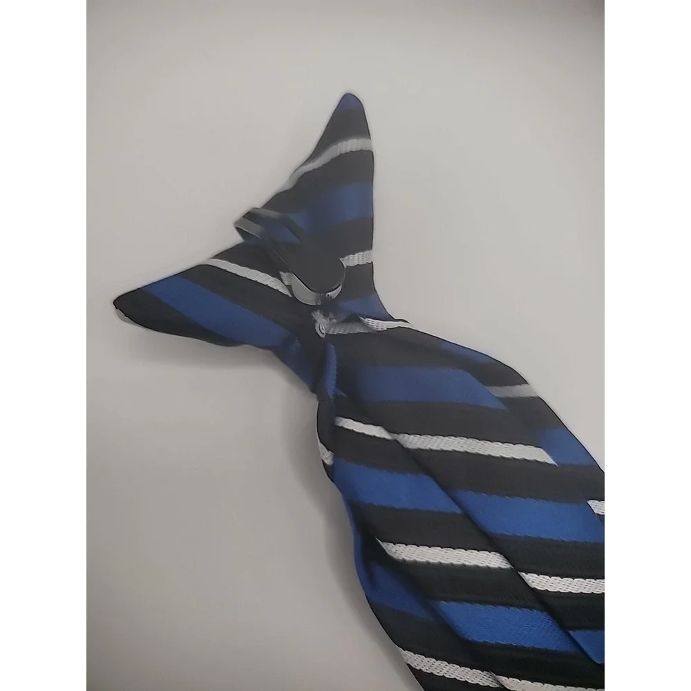 Unbranded Boys Clip On Tie Blue White Black Striped Shirt Suit